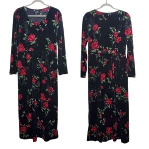 Brett Alixander Vintage Black Velvet Red Floral Maxi Dress Size 16 Goth Elegant